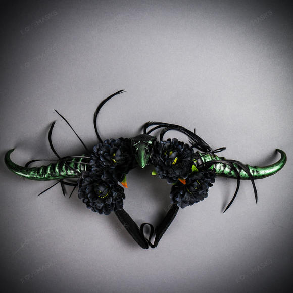 ILOVEMASKS Accessories - Gothic Demon Long Horn with Flower Head Piece - Black Green